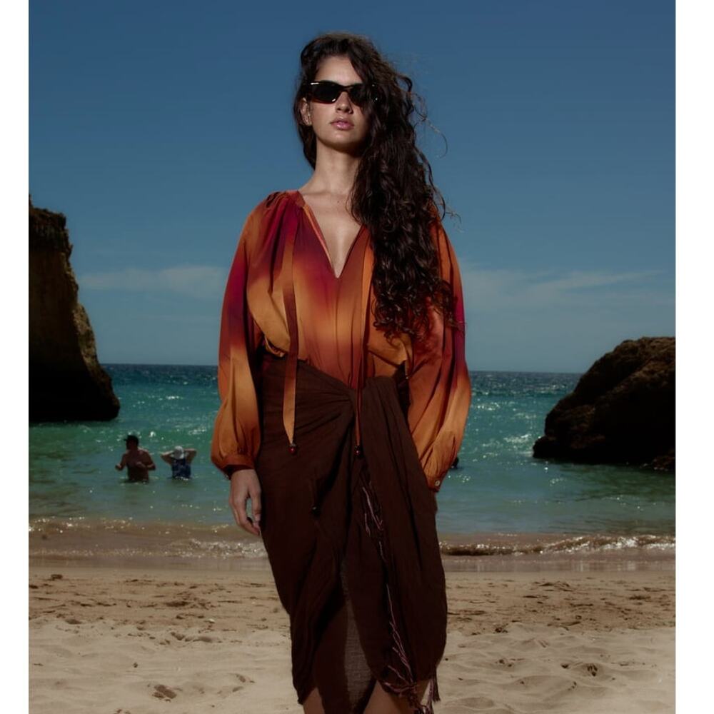 Zara Oversized Blouse Boho Resortwear Colorful Ombre Cotton Long Sleeve M NWT
